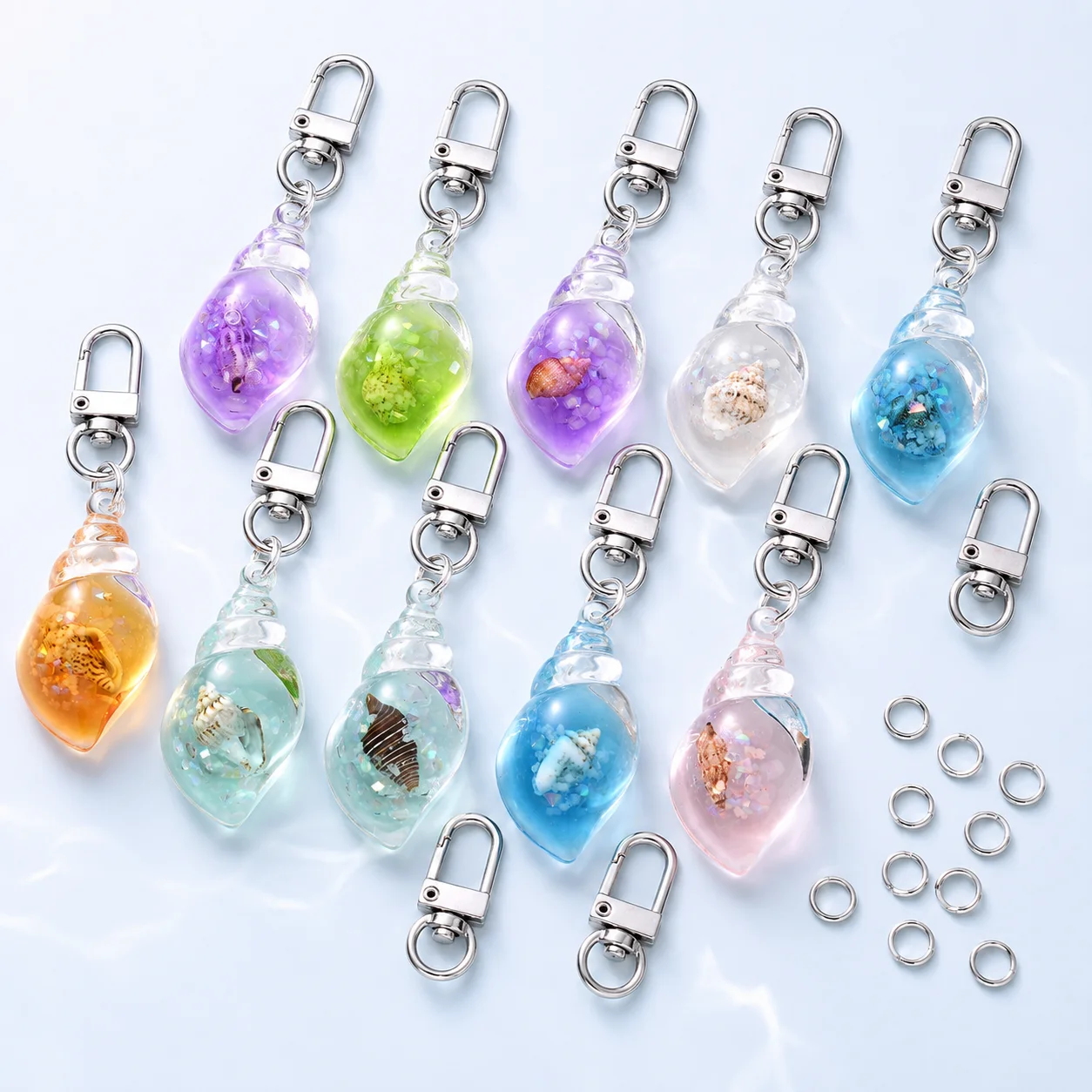 10er-Set mit zufälligen Farben, Ozean-Thema, Harz-Muschel-Schlüsselanhänger, leuchtender Muschel-Schlüsselring-Anhänger für Rucksack, Geldbörse, Autoschlüssel – Detail 2