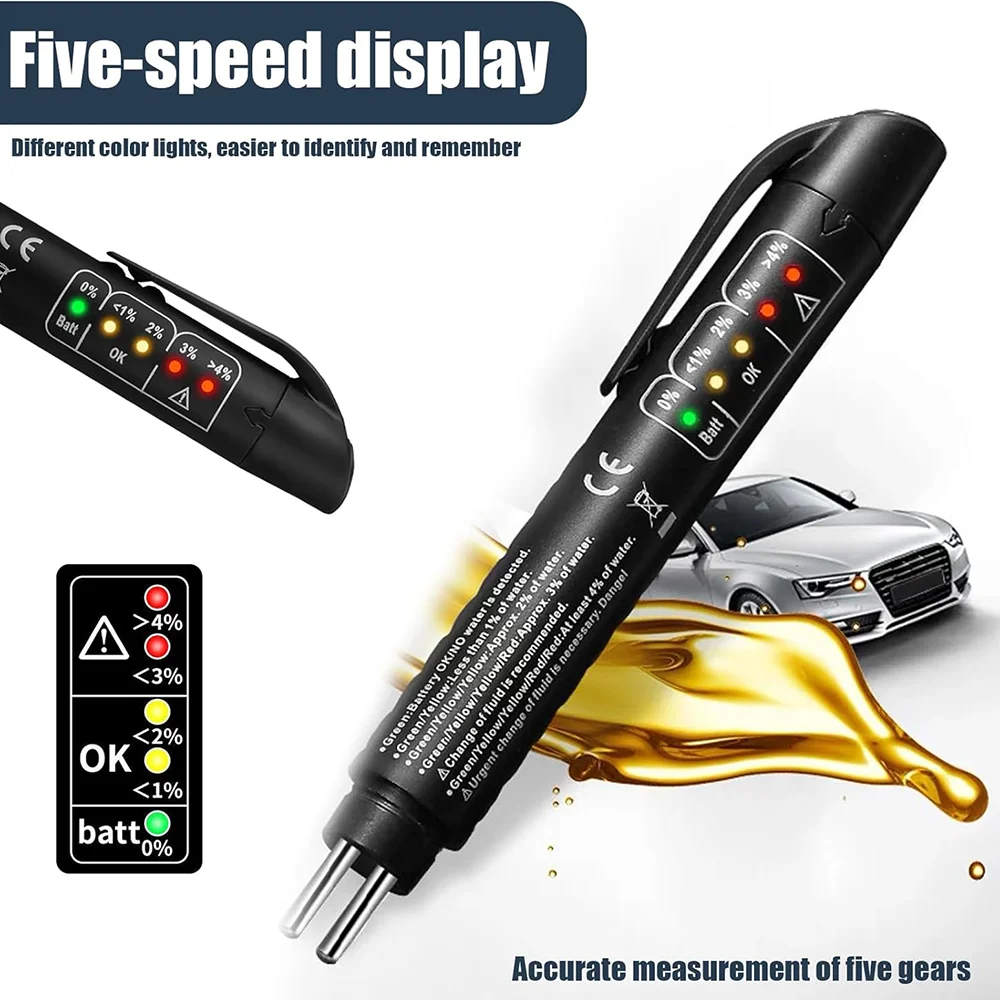 Brake Fluid Tester Pen,Hydraulic Fluid Liquid Oil Moisture Analyzer with 5 LED Indicators,Testing Tool for DOT3/4/5.1 Brake Flui