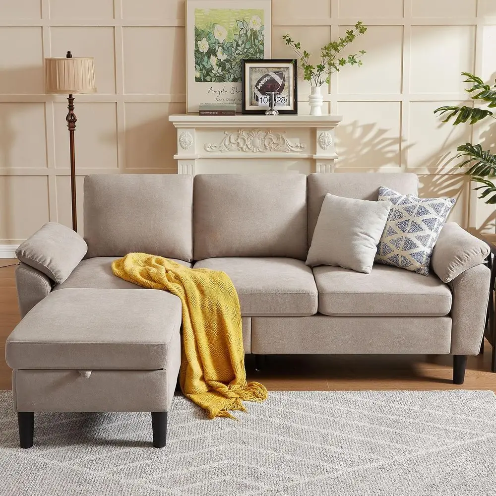 

79 Small L-Shaped Sectional Sofa with Reversible Chaise, Storage Ottoman, 3-Seat Couch for Living or Office, Beige Linen