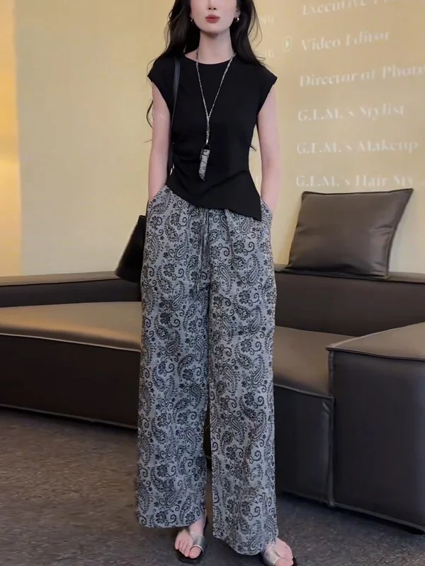 

Ретро-этнический модный комплект: женский летний новый свободный топ и брюки с широкими штанинами, комплект из двух предметов, стильный повседневный наряд, не старящий образ