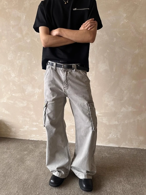 

Американские винтажные рабочие брюки с тяжелой весом, мужские свободные прямые брюки чистого кроя, молодежные энергетические брюки, все размеры...