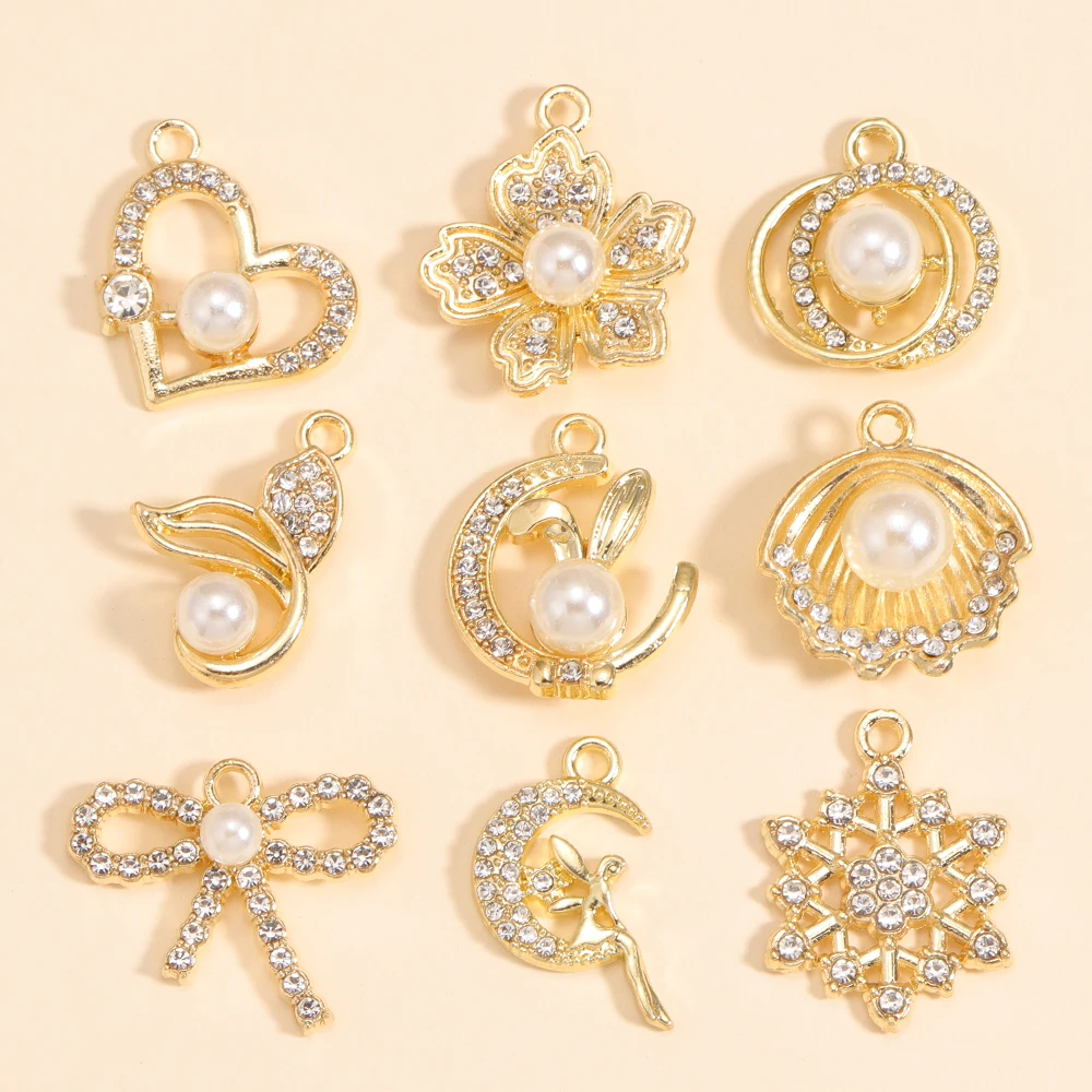 10Pcs Exquisite Gold-plated Alloy Charms Multi-style Zircon Pearl Pendants For DIY Jewelry Making Fine Necklace Accessories Craf