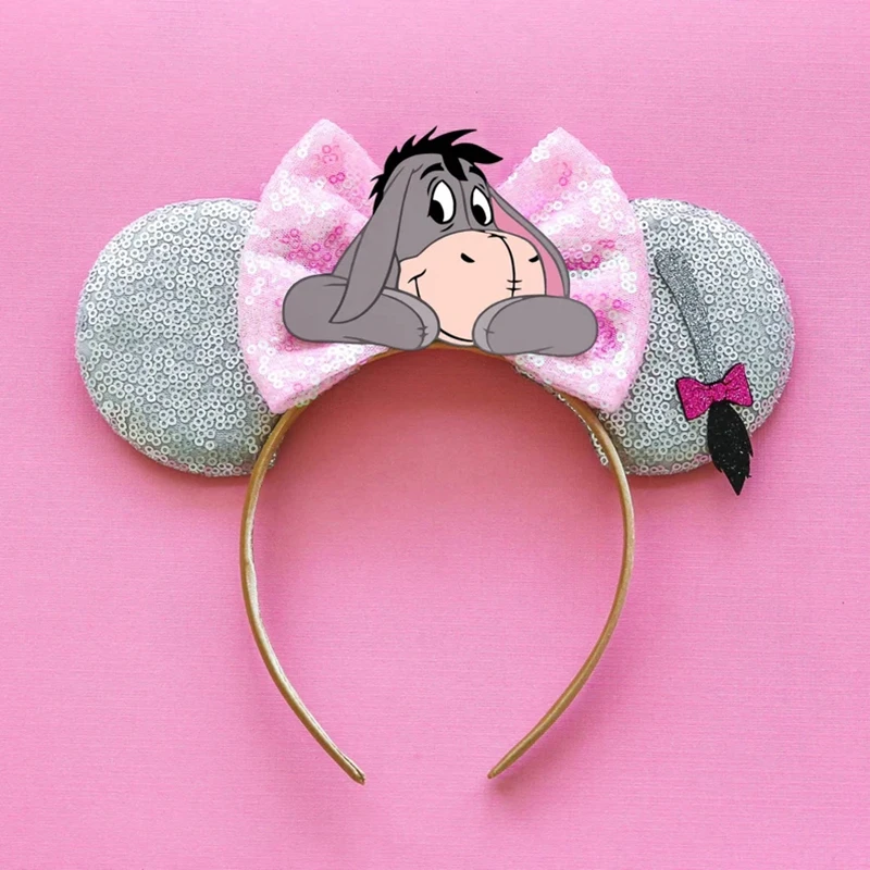 Disney Anime Series Orecchie Fascia Ragazza Cute Stitch Accessori per capelli Donna Paillettes Fiocco Eeyore Fascia per capelli Regali per feste di compleanno per bambini