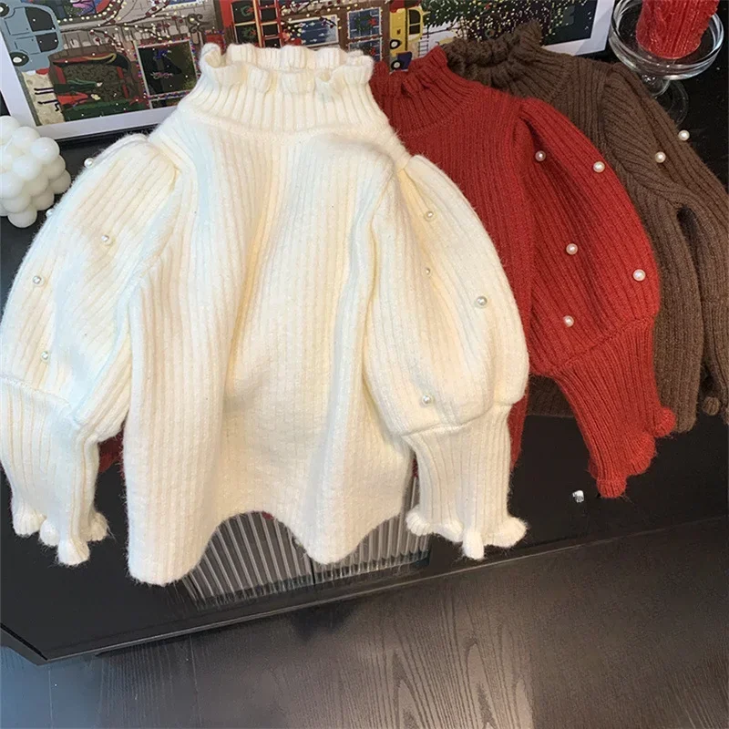 Autumn Winter Sweater 2024 Girls Versatile Childrens Treasure Solid Color Pearl Versatile Sweet Gentle Sweater Trend