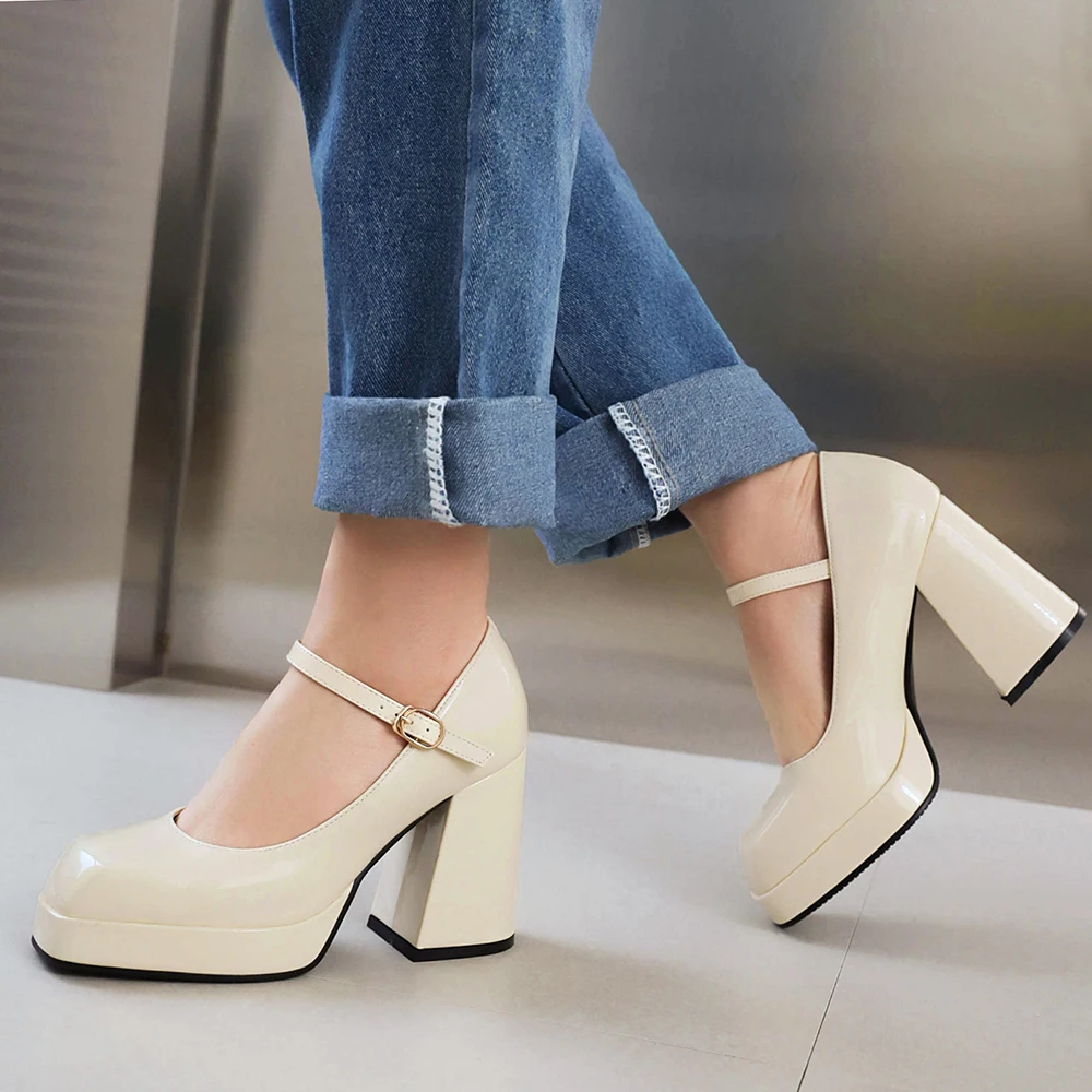 Fashion Ankle Strap Platform Pumps Women Pu Leather Square Toe Mary Jane Shoes Woman Goth Thick High Heels Shoes Ladies Yellow