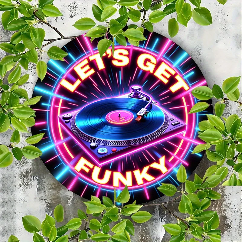 لوحة فنية جدارية على الطراز النيون "دعونا نحصل على Funky". |   علامة ألومنيوم مستديرة مقاس 19.99 سم |   ديكور موسيقى ريترو متعدد الألوان للمنزل، جراج