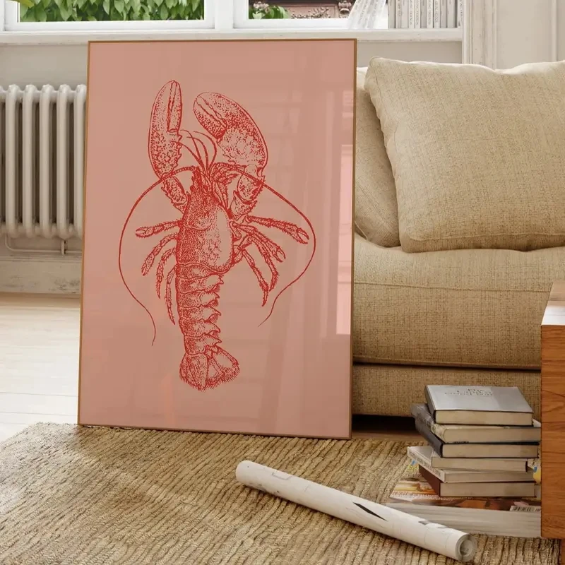 

Lobster Canvas Art Print Red Pink Retro Marine Seafood Poster for Living Room, Bedroom, Kitchen and Interior Home Decoration