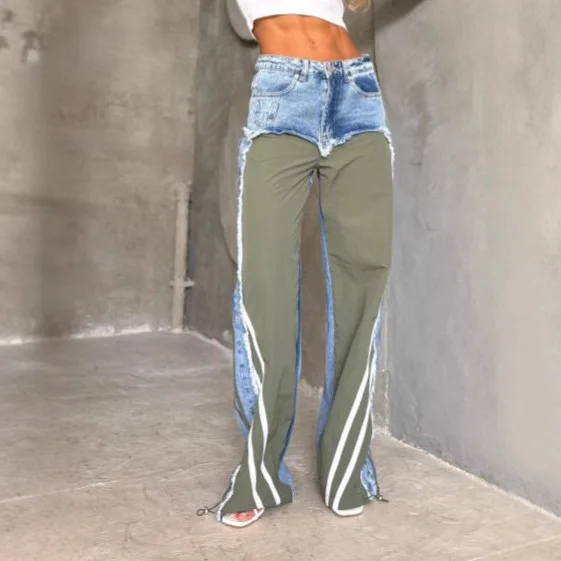Street Splicing Jeans for Women's Autumn New Style Pants Contrast Striped Fringed Jeans