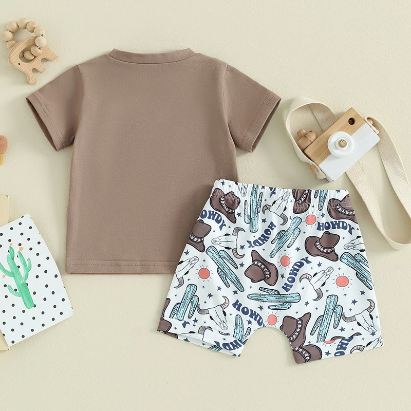 SUNSIOM 2Pcs Baby Boy Summer Clothes Short Sleeve Cowboy Hat Print Tops + Elastic Waist Shorts Set Toddler Western Outfits