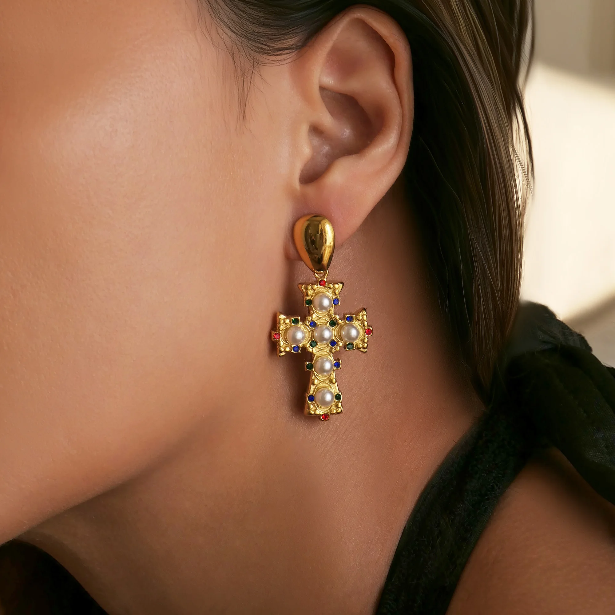 

DASEIN New Vintage Lucky Cross Pearl Pendant Earrings 2025 18k Gold Plated Hypoallergenic Stainless Steel EU Jewelry Women