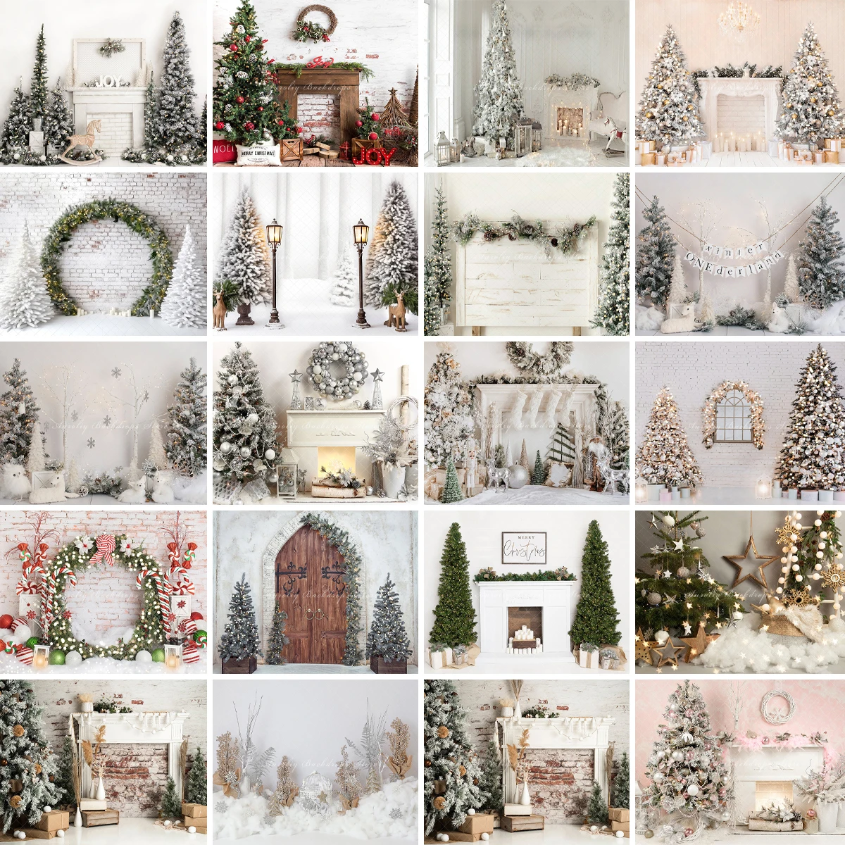 Xmas Backgrounds Kids Adult Photography Props Child Baby Decors Wreath Christmas Tree Fireplace Brick Wall Photo Backdrops