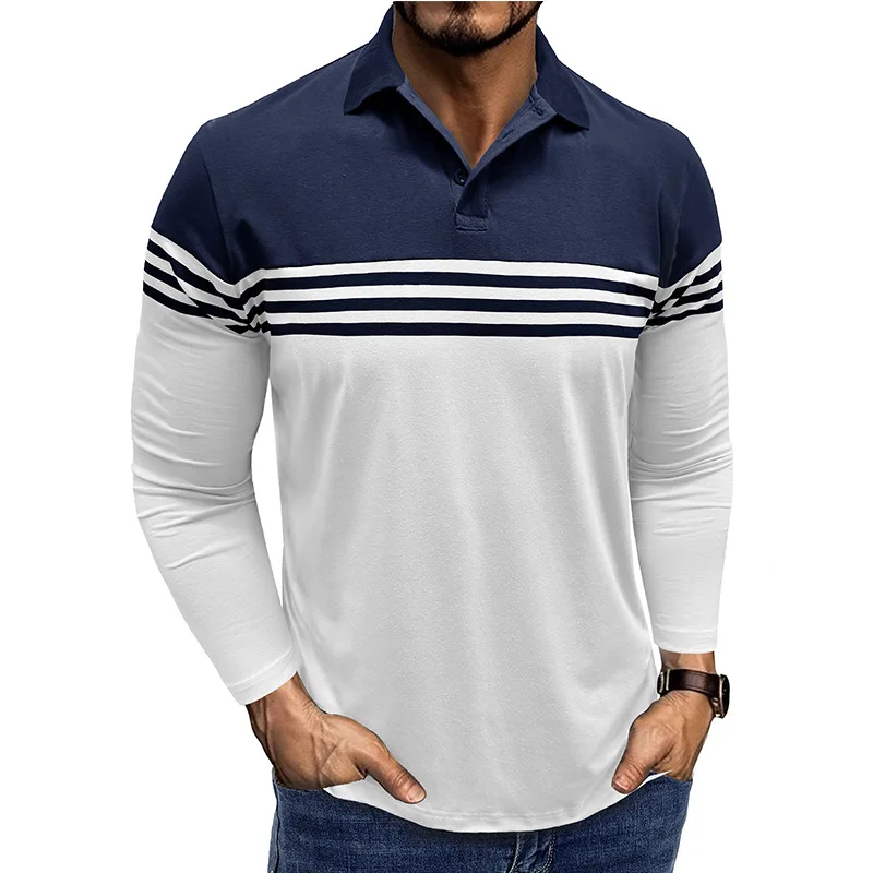 

2025 Autumn and Winter European and American Men's Striped Printed Lapel T-shirt for Men Long Sleeve Polo Shirt