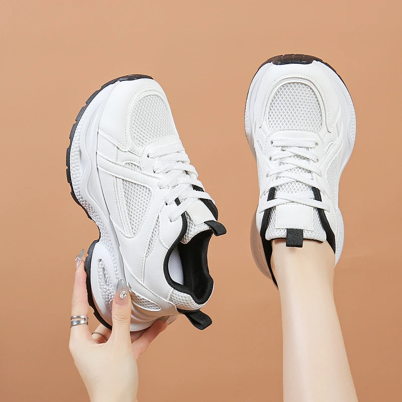 

Women Walking Shoes Lightweight Mesh Breathable Sport Shoes Comfort Soft Female Leather Height Thick-soled Casual Sneakers 2356