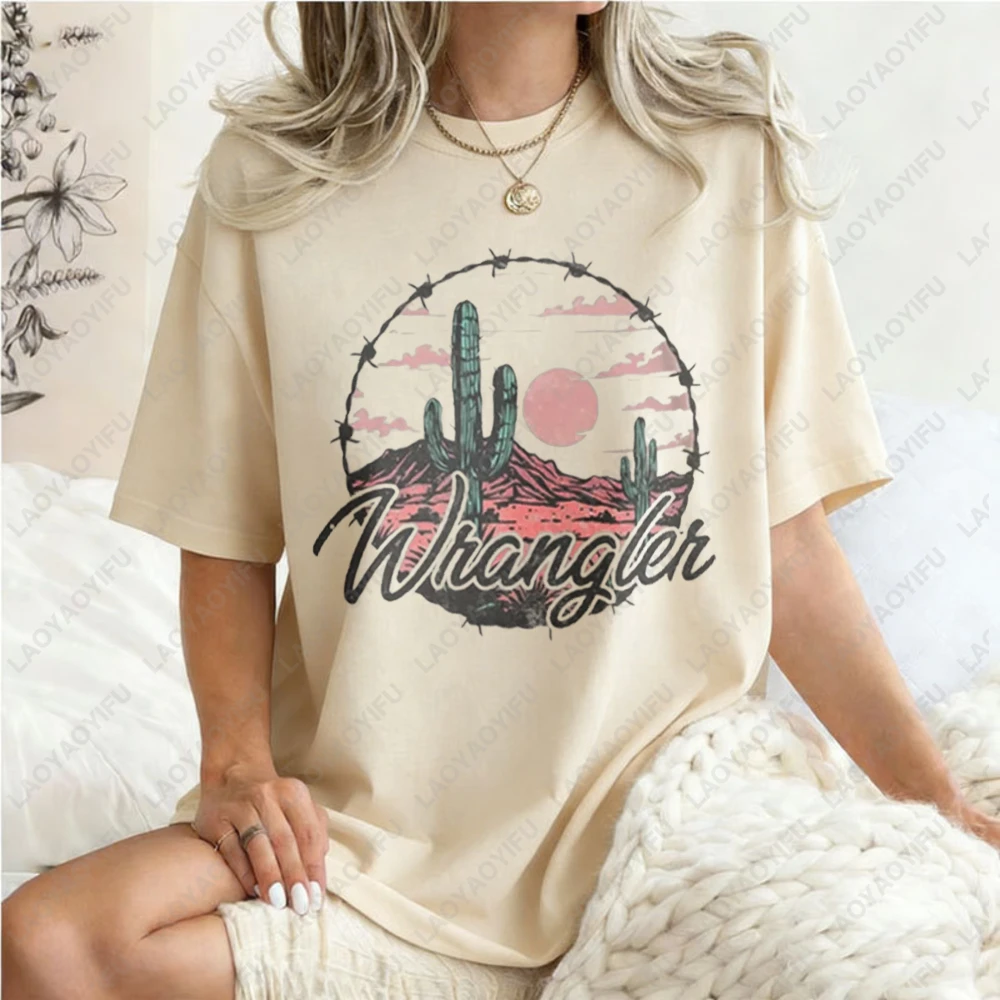 Boho-Style-Women's-Cotton-T-Shirt-Desert-Cactus-and-Sunset-Graphic-Tees-Summer-Casual-Wear-Retro-Trend-Cool-Street-T-Shirts
