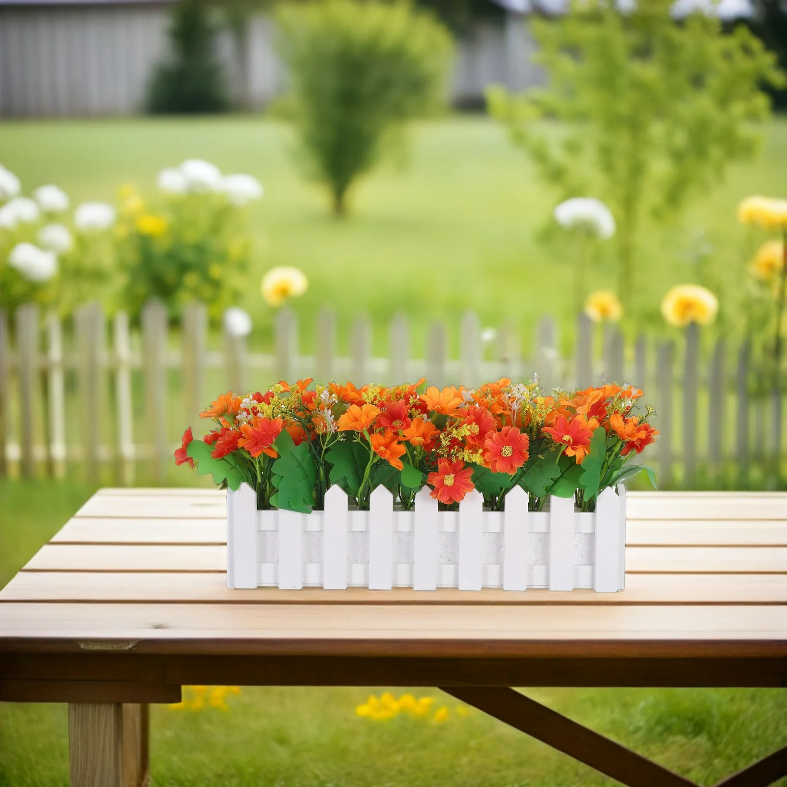 

Artificial Chrysanthemum with Fence Design - Low Maintenance Fake Flower Ornament for Indoor Outdoor Home Desk Decoration