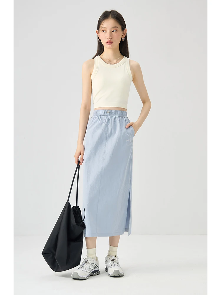 ZIQIAO Petite Side Slit Simple Commuting Cotton Midi Skirt for Women 2024 Summer New High Waist Slimming Blue Grey Skirts