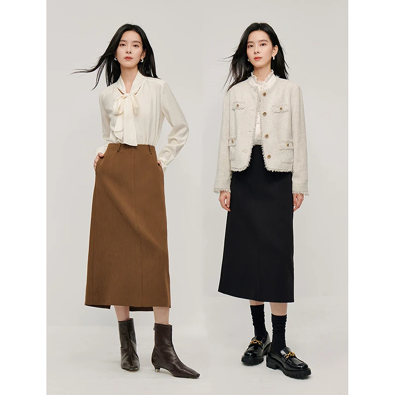 INMAN 2024 Autumn winter Commuter slit women's skirts temperament all-match high waist A-line skirt