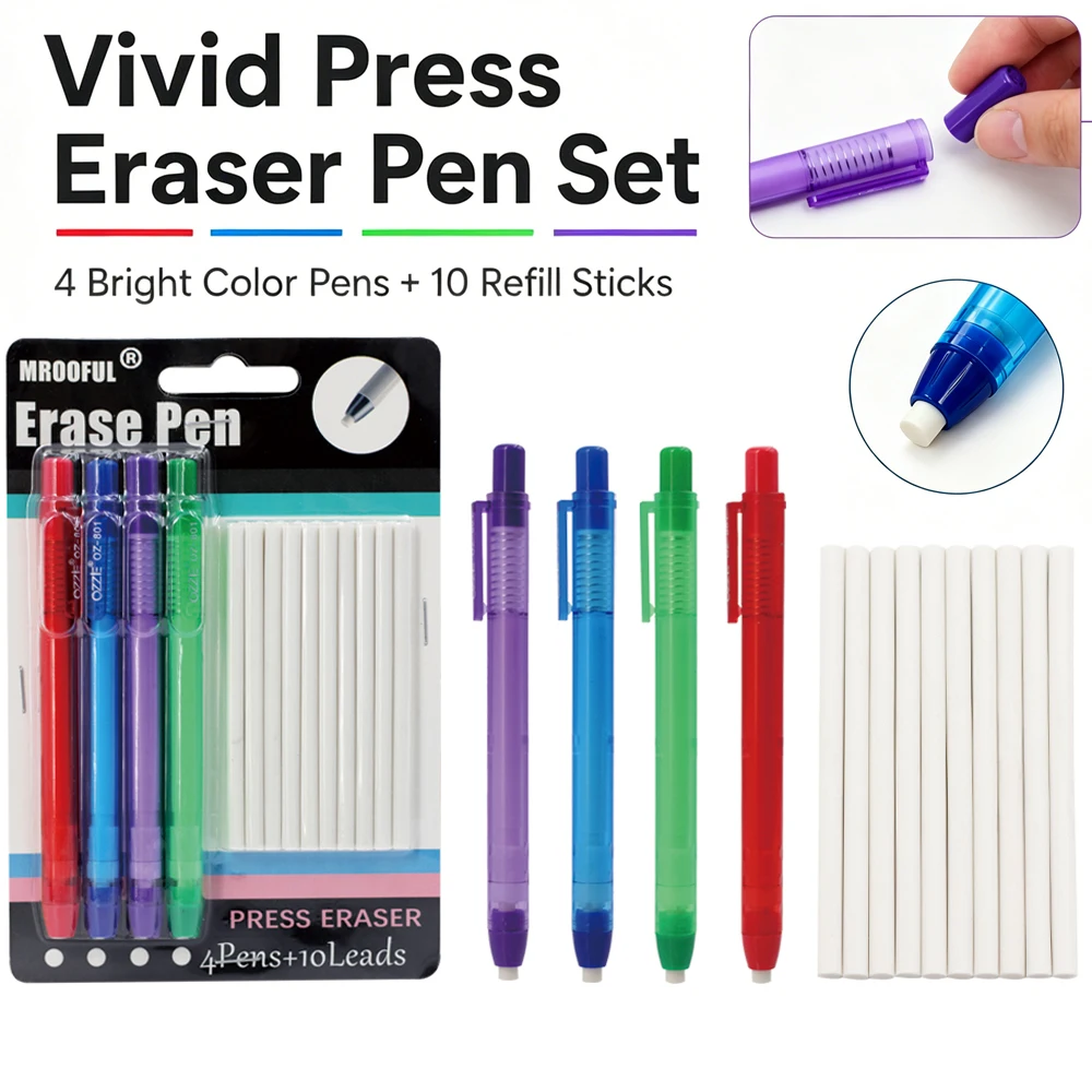 Pen Shape Press Type Pencil Eraser Set with 10 Replaceable Core,for Sketching Writing Erase Supplies Stationery Accessories ﻿