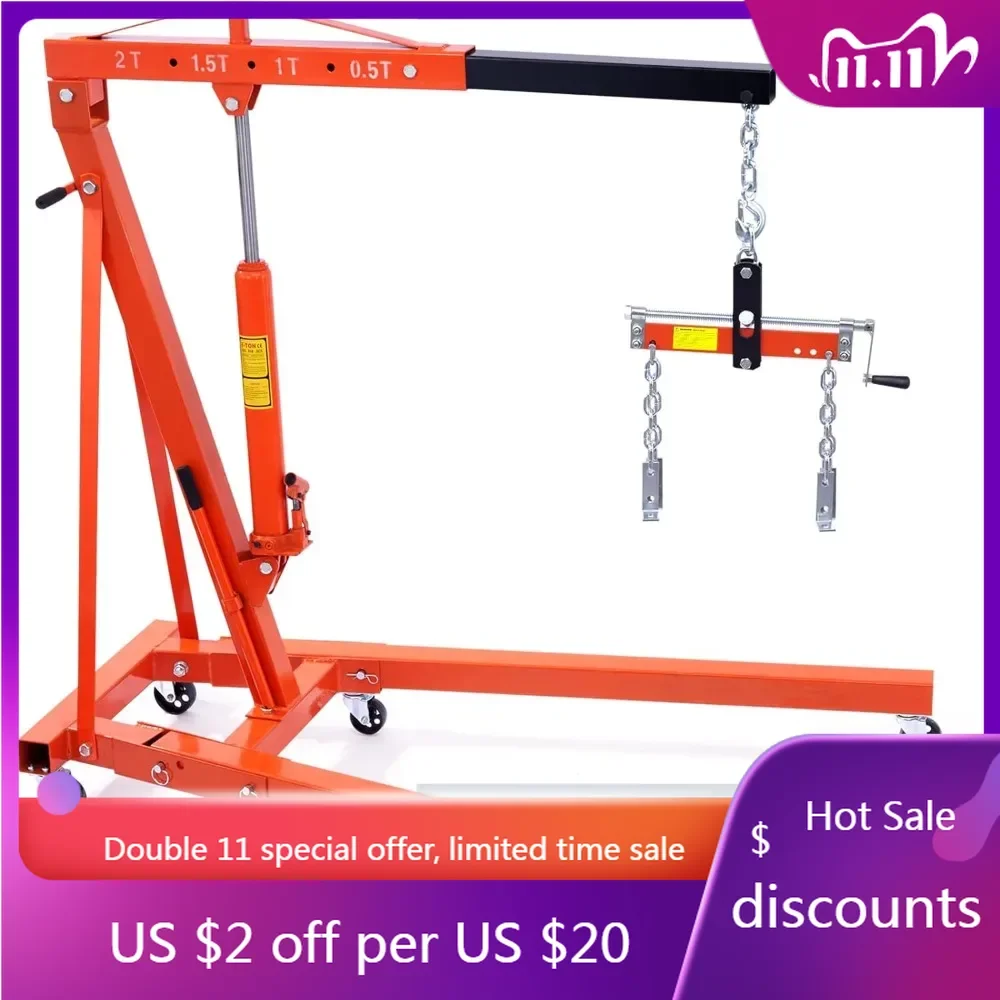 Engine Hoist with Lever, 2 Ton Folding Cherry Picker Shop Crane Hoist Lift, Heavy Duty Hydraulic Engine Crane with 6 Casters