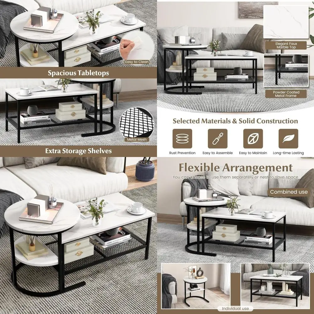 

2-Piece Nesting Coffee Table Set with Detachable Rectangular and Small Round Tables, faux Marble Top and Sturdy Metal Frame for
