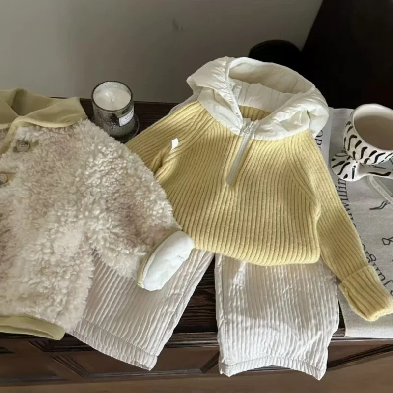 

New Korean Winter Girls' Knit Hoodie & Warm Pants Piece Set Trendy Children's Clothing Outfit for the Season