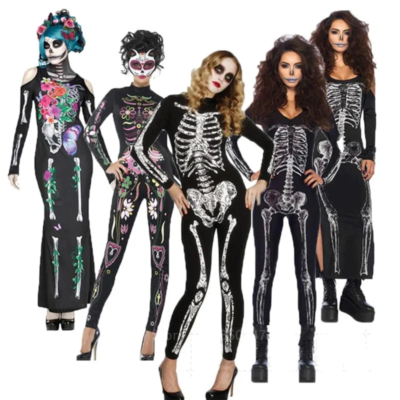 2025 New Skeleton Costume Women Dress Disguise Witch Day of The Dead Jumpsuit Horror Bride Cosplay Carnival Party Vampire Fa abc