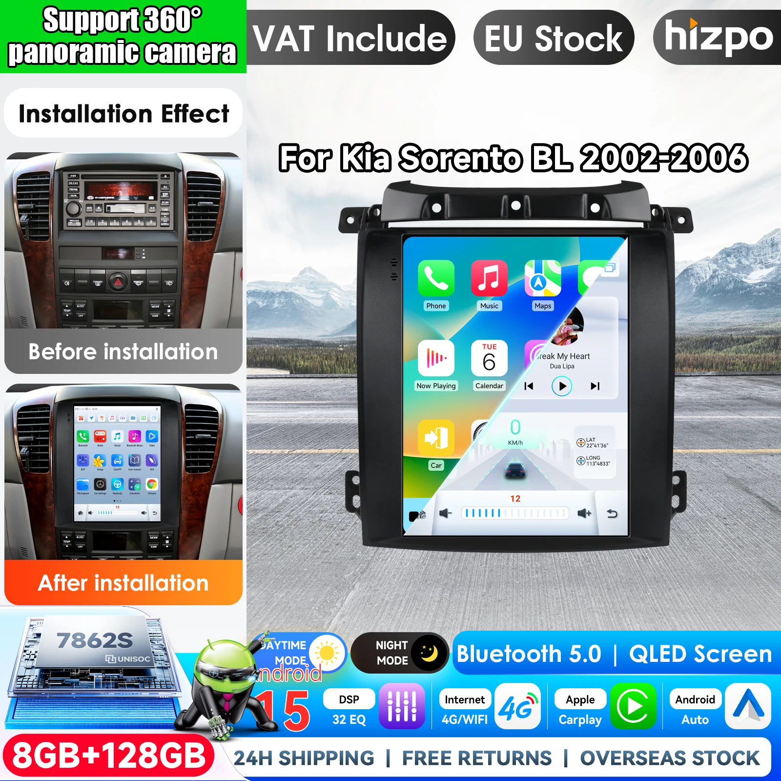 Hizpo Android 16 per KIA Sorento BL 2002-2006 Autoradio Stereo Unità Principale Multimediale Lettore Video GPS Navigazione Display Touch da 9,7 Pollici Stile Tesla Airplay Autoradio Stereo GPS