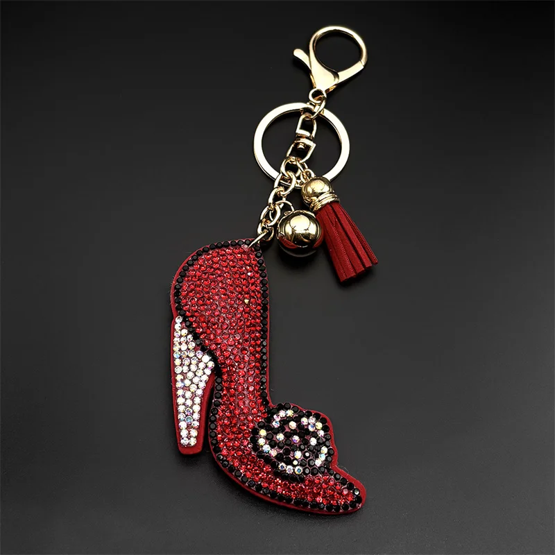 Red Blingbling High Heels Shoes Keyring For Women Girls Shine Full Crystal Tassel Flower Charm Purse Bag Pendant Jewelry Decor