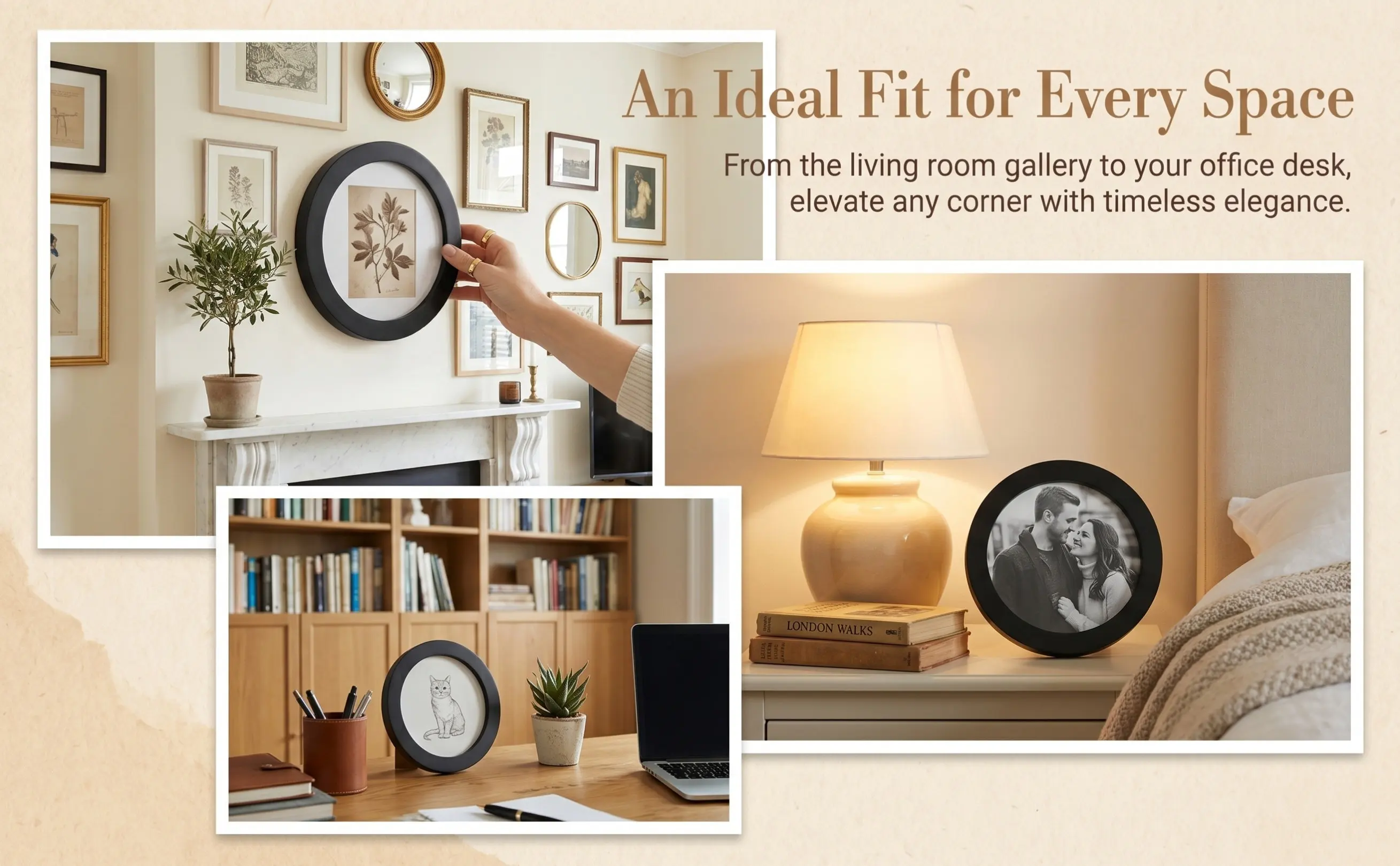 Round Wooden Picture Frame Density Board Construction Elegant Circular Wall Mounted Frame for Photo Art Display Living Room