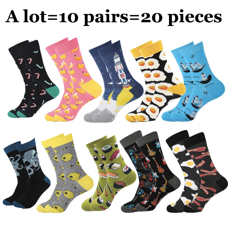 Clearance 10 Pairs/Lot Cotton Men's Crew Socks Cheap Carzy Happy Funny Sloth Beer Flamingo Novelty Hiphop Dress Sock for Male