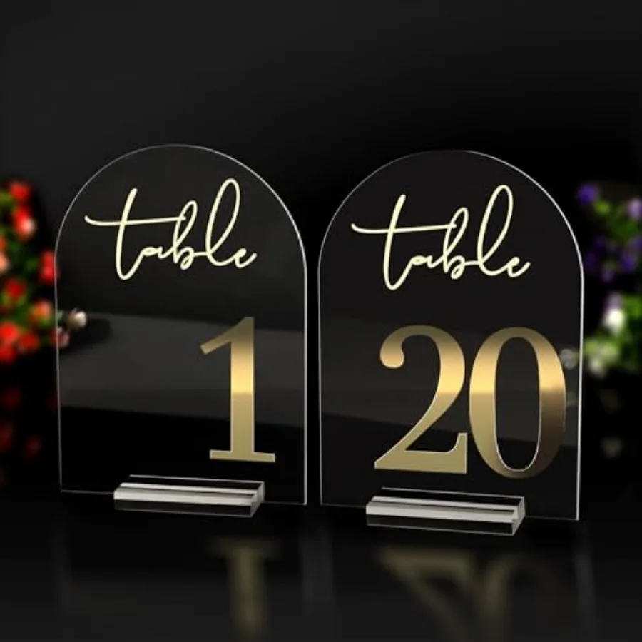 

Номерки для свадебных столов - 20 штук с держателями, 5 x 7 дюймов, прозрачные акриловые таблички для столов на приеме, номерные карточки с золотыми буквами для вечеринок