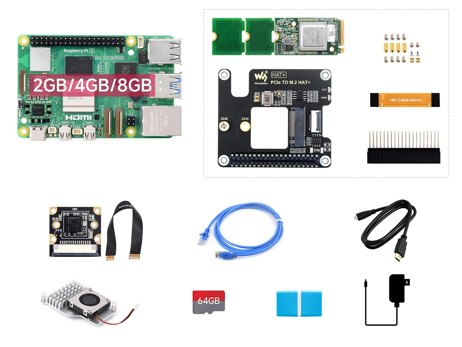 

Комплект PI5 AI B, с Raspberry Pi 5–2 ГБ/4 ГБ/8 ГБ оперативной памяти, с Hailo-8, Acce A, с камерой PI5-IMX219-77/с Pi5-Active-Cooler-B