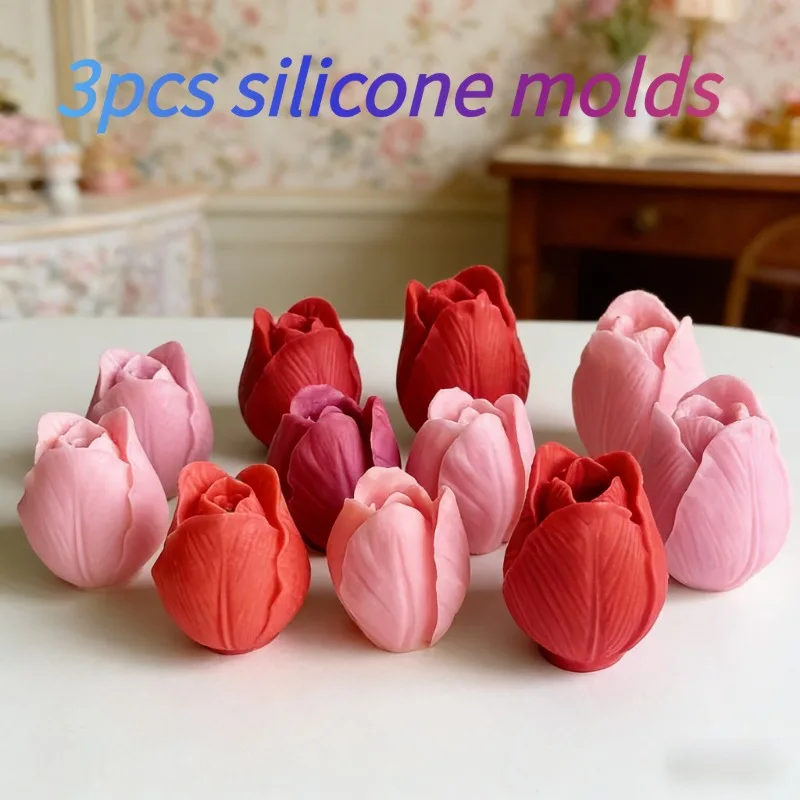 3Pcs Tulip Candle Aromatherapy Silicone Mold DIY Flower Resin Plaster Ornament Diffuser Stone Mold, Exquisite Petal Design, Home Decoration, Valentine's Day Gift, Floral Shape, Special for Craft Enthusiasts - Suitable for Handmade DIY Scented Candle Cups/Plaster Crafts/Resin Ornaments/Soap, Etc., Flexible Silicone Mold, Handmade Gifts, Handmade Candle Making