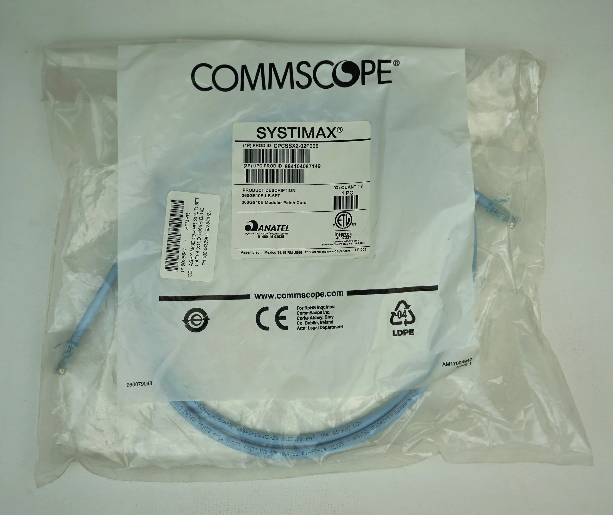 

CommScope CPCSSX2-02F006 6-футовый кабель GigaSPEED X10D 360GS10E — твердый — RJ45 — Cat 6A — 4 пары — 23AWG — UTP — синий