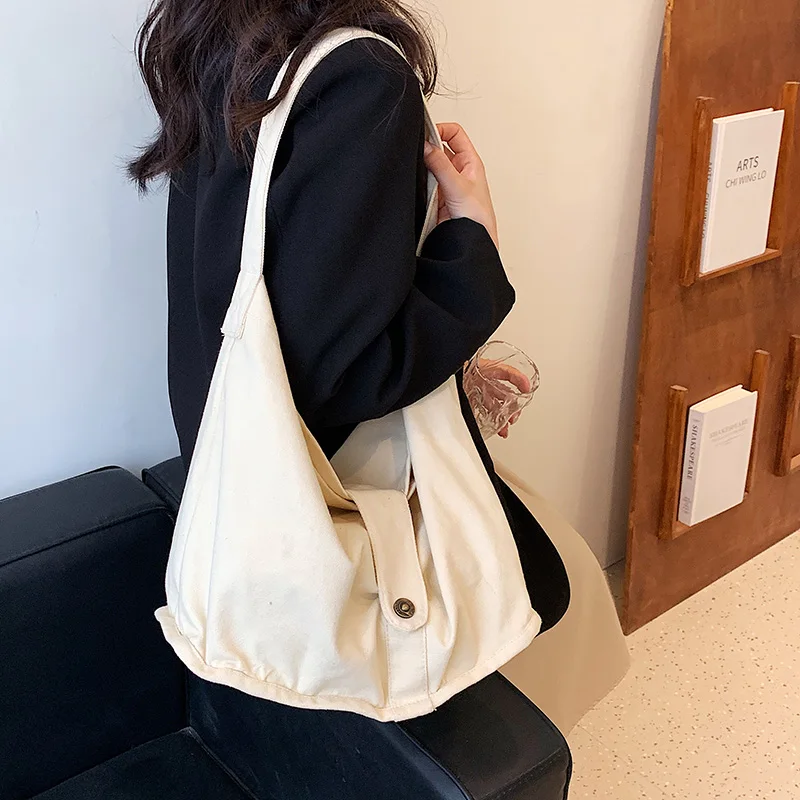 Canvas Bags For Women 2022 Solid Large Capacity Shoulder Crossbody Bag Foldable Shopping Eco Bag Korean Messenger Bag Y2K Bucket