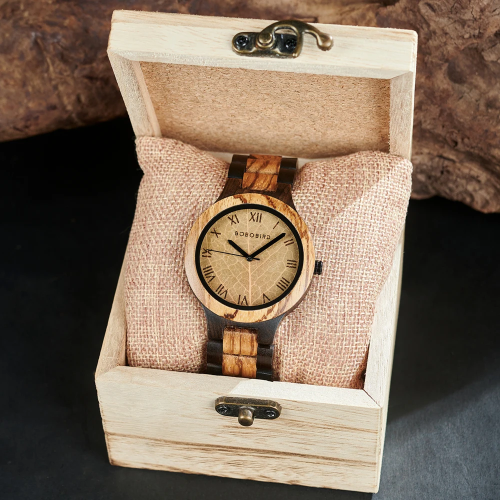 BOBO BIRD Mens Watches Leaf Dial Design Wooden Quartz Watch Casual Wristwatch for Men, Support Personalized, Drop Shipping