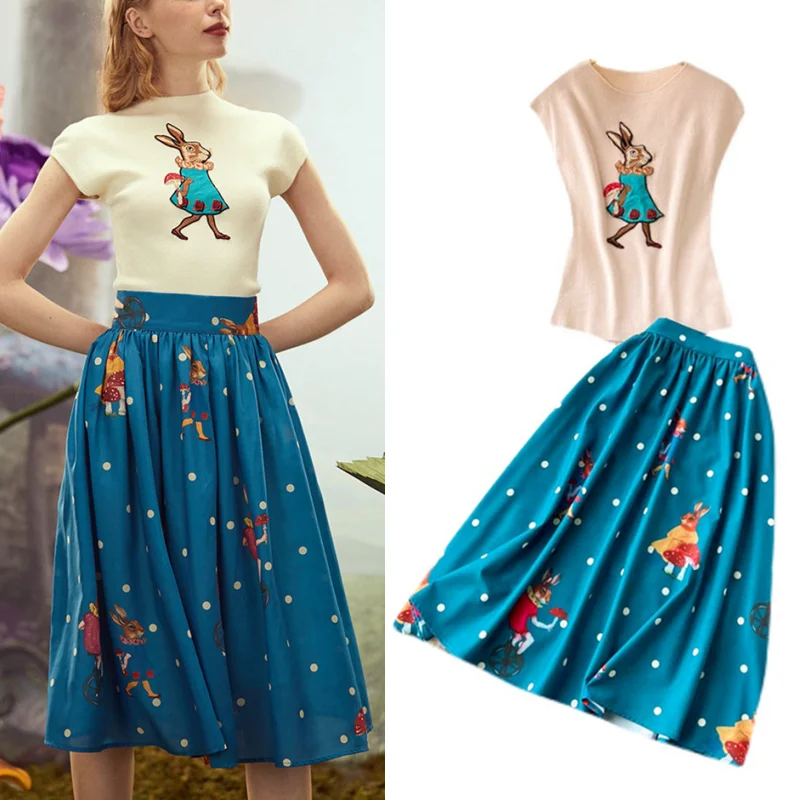 

2 Pcs Summer Women 3D Cartoon Print Slim Tees Blouses T-shirt Tees Nice Preppy Ladies Long Skirts Suit Set Party Twinset NS212