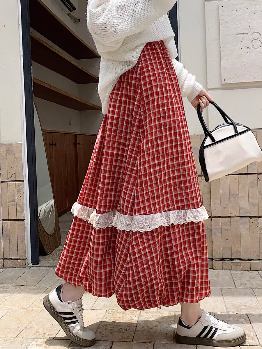 

Women's Fall 2025 New Plaid Midi Skirt: Petite-Friendly Checkered Lace-Trimmed Puff Hem Skirt for Autumn