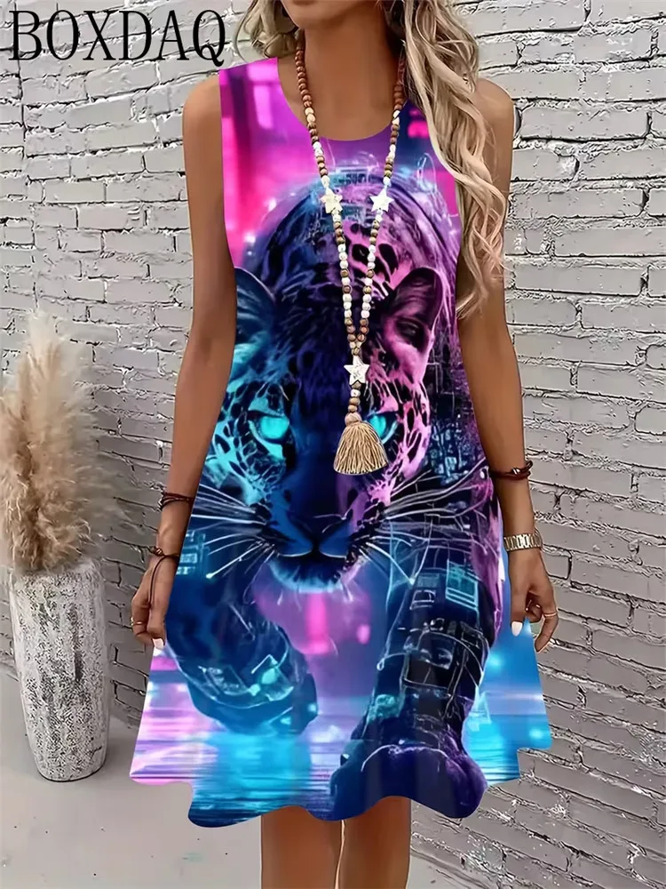 Women's new summer sleeveless round neck lion leopard tiger cat animal pattern printed loose A-line dress