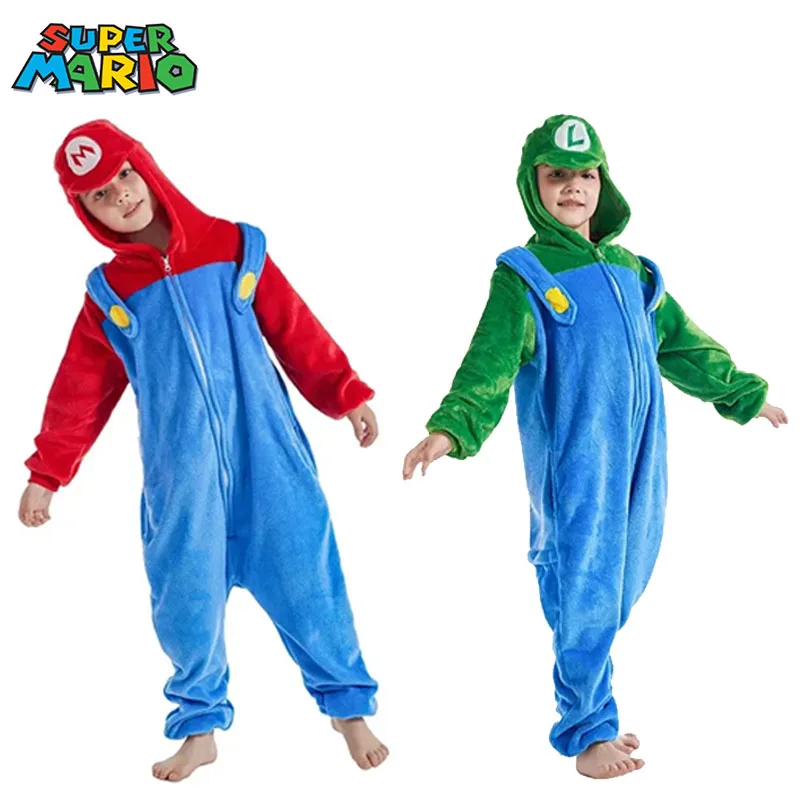 Super Marios Bros Children Cosplay Costume Anime Figure Luigi One-piece Pajamas Kawaii Cartoon Sleepwear Halloween Cos Clothes