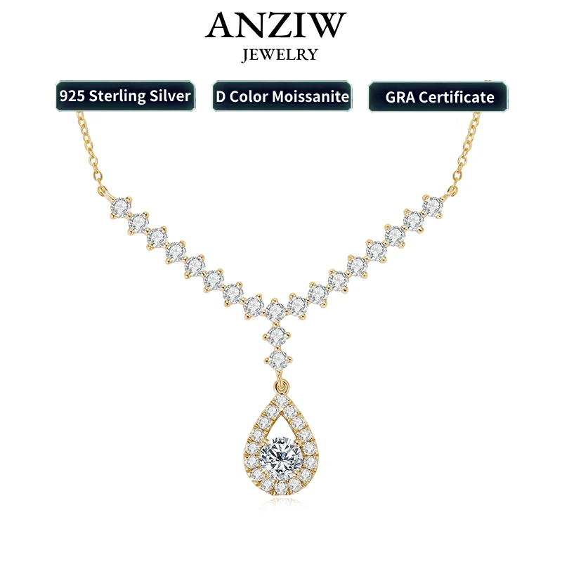 Anziw 3.38CTTW Round Moissanite Water Drop Pendant Necklaces Silver 925 for Women Luxury Y Lariat Necklace Wedding Jewelry Gift