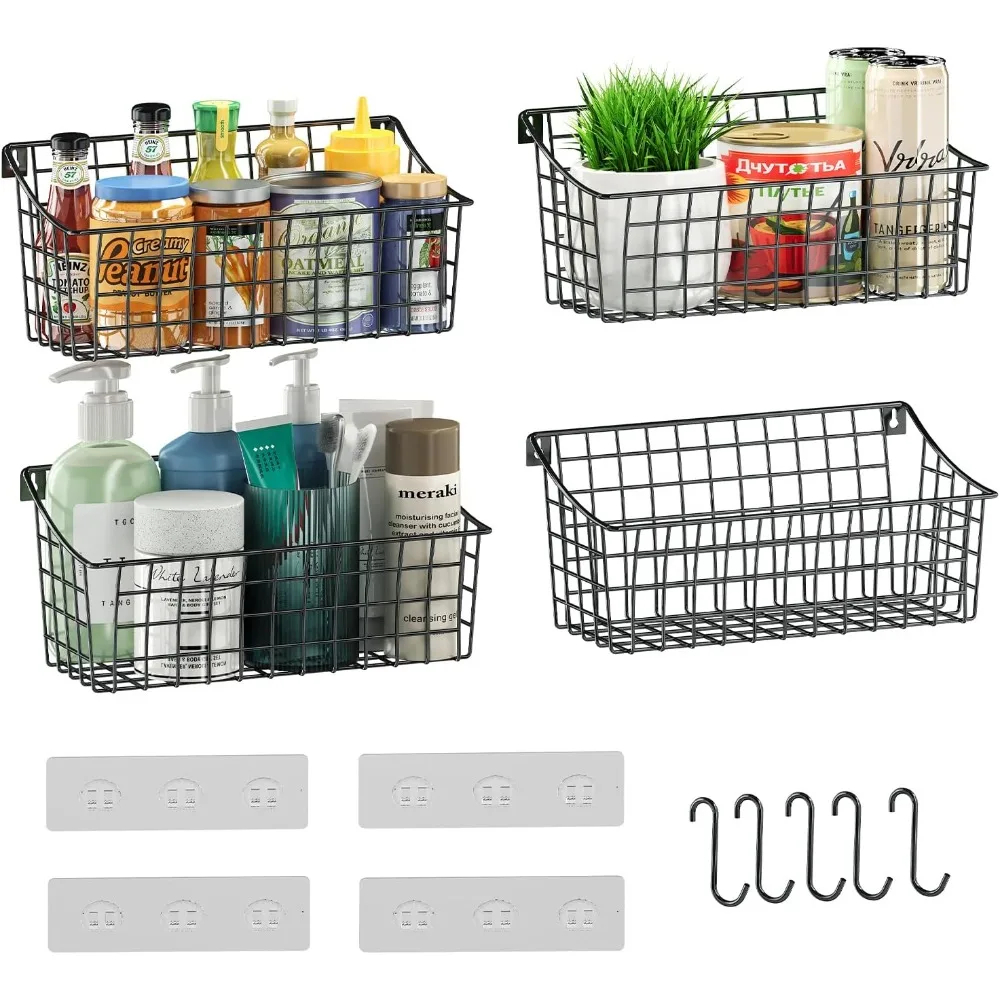 

4 Pack Hanging Wall Basket for Organizing, Large Wire Basket for Storage Pantry with 5 S Hook+4 Adhesive Hook, Wall Mounted She