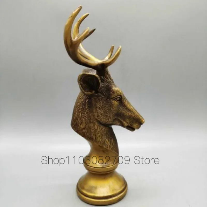 

Old Bronze Fengshui Zodiac Animal wild antler deer horn Head Statue