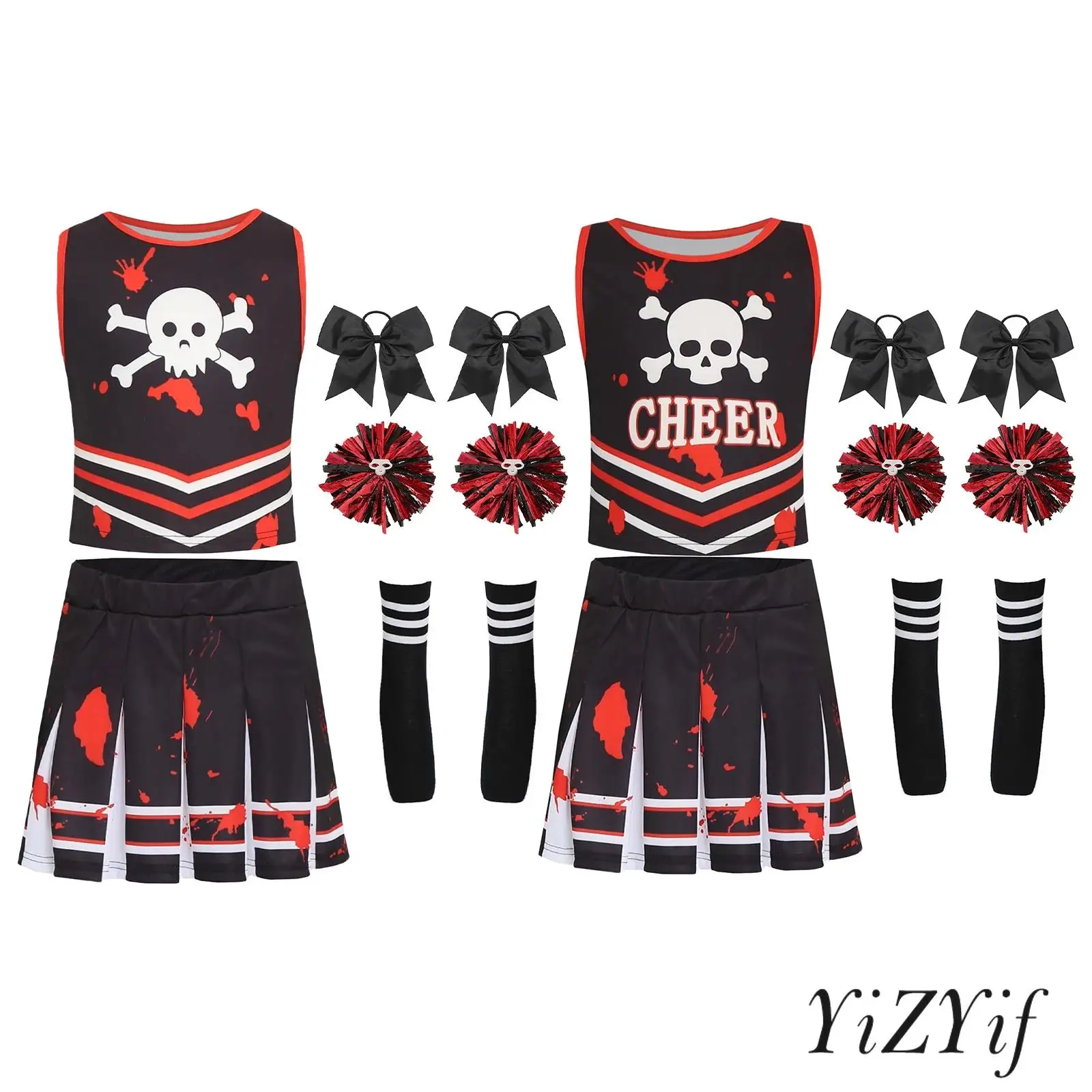 

Girls Complete Halloween Cheerleader Outfit Sleeveless Top Elastic Waistband Skirt with Matched Bow Headwear Pom-pom And Sock
