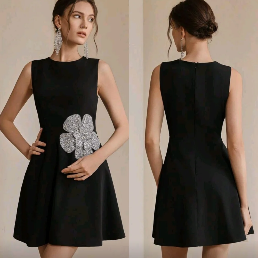 تخصيص الطراز الحديث الكلاسيكي جيرسي الديكور اليدوية زهرة ألف خط مغرفة الرقبة طول الركبة فساتين فساتين السهرة مطابقة #1