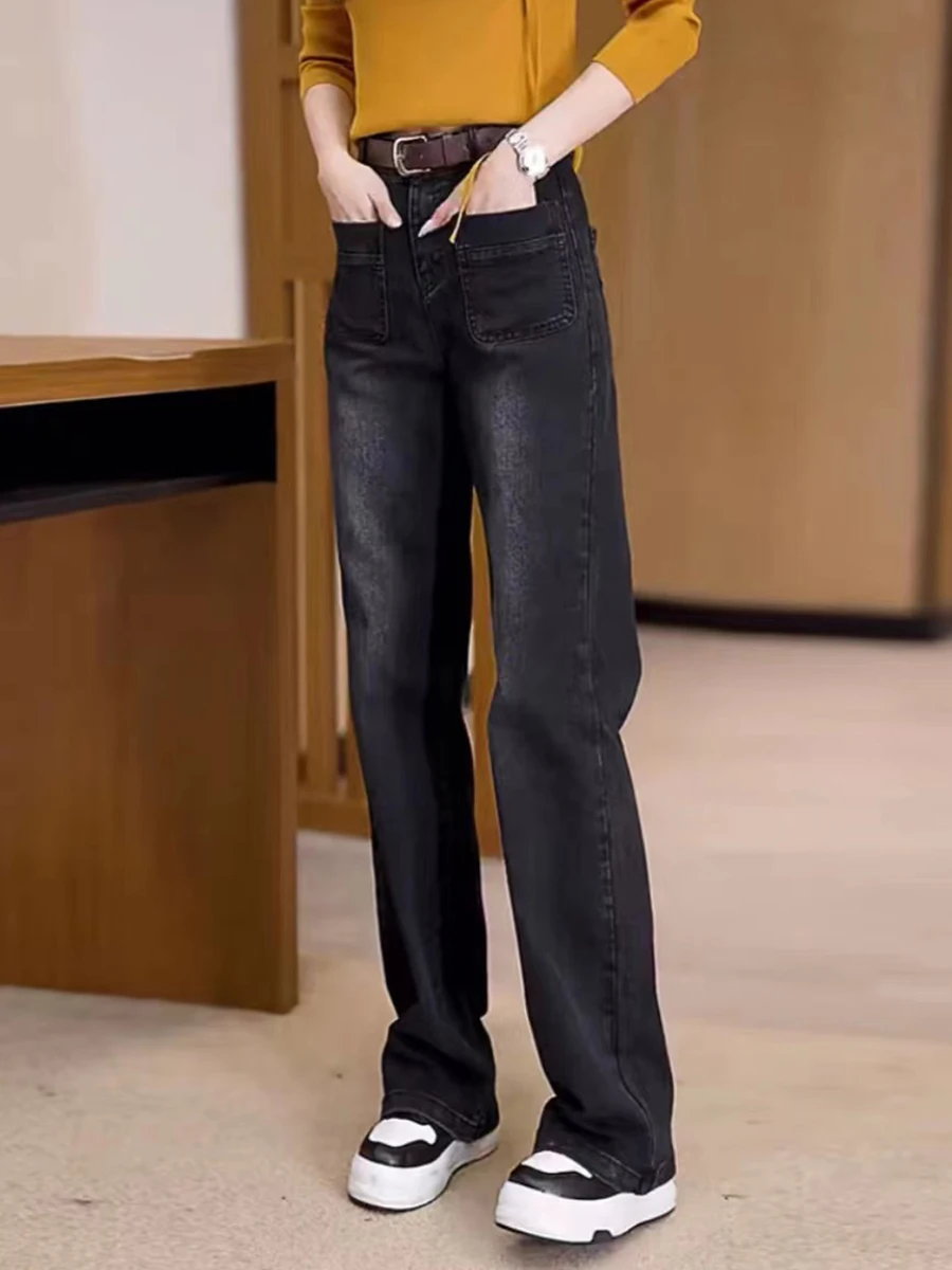 

2024 Women Baggy Long Jeans Harajuku Black Wide Leg Trousers Streetwear Vintage High Waist Denim Pants Big Pocket Y2k Feamle E34