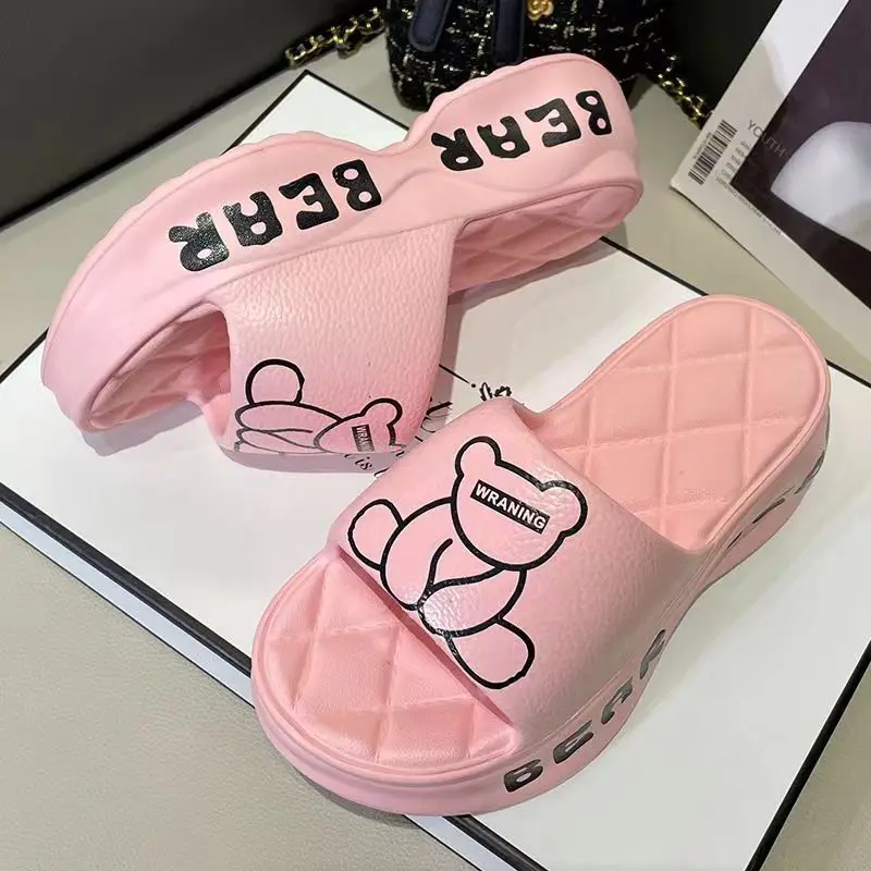 Women Cute Cartoon Bear Fashionable Pattern Eva Super Comfortable Anti-Skid Casual Personality Suitable High Heeled Hollow Shoes
