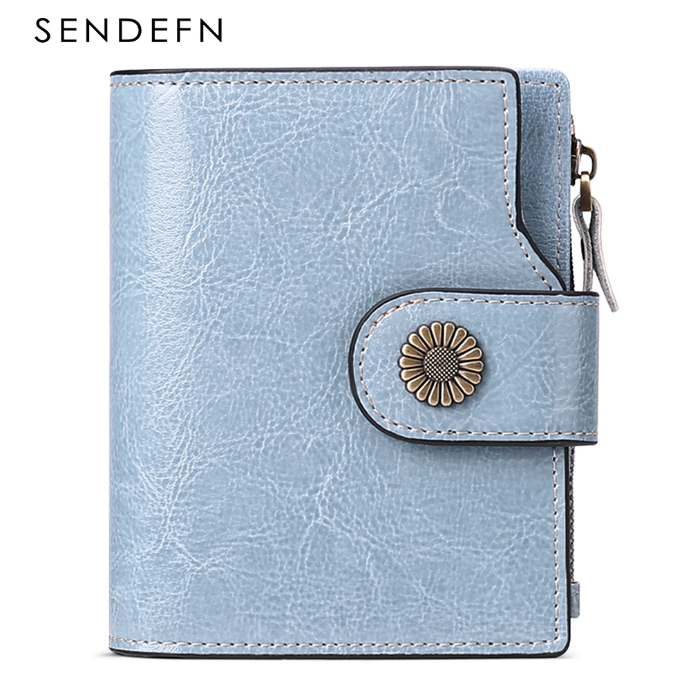 SENDEFN Women Short Clutch Wallet Genuine Leather Wallets Purse Soild Coin Pocket Credit Card Holder Money Clip 5206