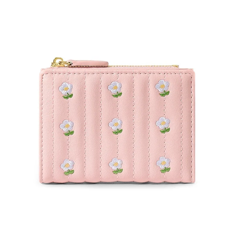 Women Mini Cute PU Leather Short Wallet New Zipper Money Bag Solid Color Flower Card Holders Coin Purse Girls
