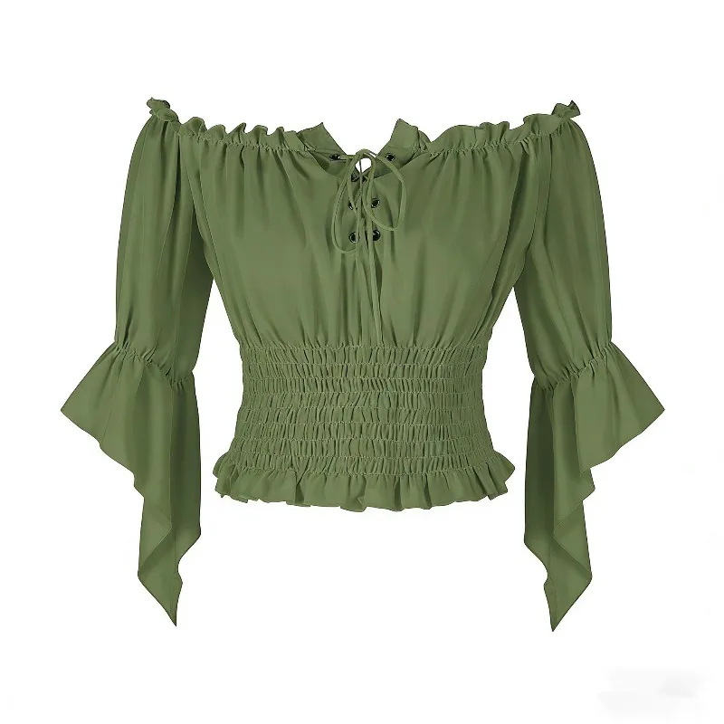 

Винтажный зеленый укороченный топ с открытыми плечами для женщин, с расклешенными рукавами, на шнуровке, с рюшами и присборенной талией, элегантная повседневная летняя блузка